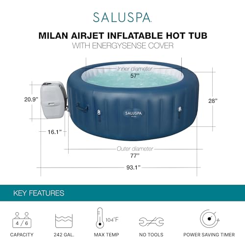 Bestway SaluSpa Milan AirJet 4 to 6 Person Inflatable Hot Tub Round Portable Outdoor Spa with 140 AirJets and EnergySense Energy Saving Cover, Blue