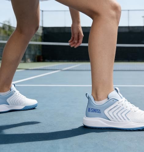 K-Swiss Women's Ultrashot Light Pickleball Tennis Shoe - Lightweight Court Shoes Lateral Movement Stable Support, White/Blue/Multi 7 M