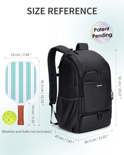 sportsnew Pickleball Bag, Waterproof Pickleball Backpack for Women Men with Shoe Compartment & Fence Hook, Black Patent Pending