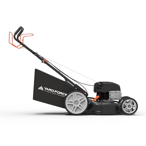 Yard Force Self Propelled Lawn Mower Briggs & Stratton 150cc Gas Engine 22-inch Steel Deck 3-in-1 Mulch, Bag, Side Discharge, 12-inch High Rear Wheels