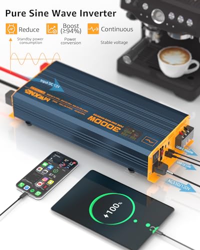 MWXNE 3000W Pure Sine Wave Power Inverter DC 12V to 110V 120V with Fast Charging Type-C& 3 USB Ports LCD Display Remote Controller Power Inverters for Vehicles,RV,Truck,Home,Off-Grid Solar System