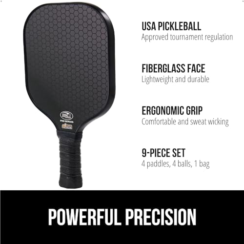 Gorilla Gear USAPA Approved Pickleball Paddles Set of 4, Indoor Fiberglass Shock Absorbent Racket with Comfortable Grip, Outdoor Pickle Ball Court Equipment, Sports Accessories Includes Bag, Black