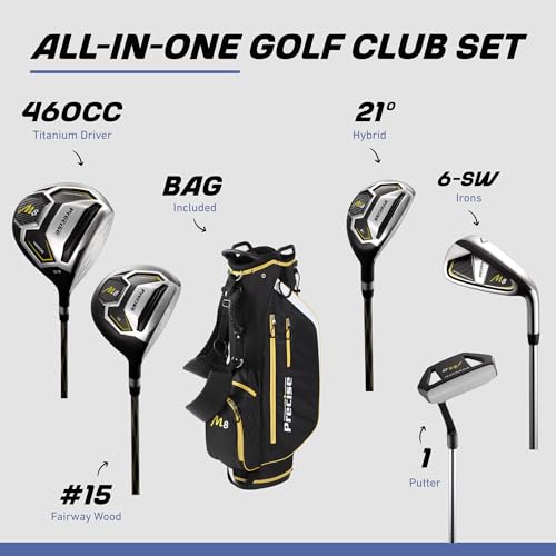 Precise M8 Men’s 17-Piece Golf Set – Driver, Woods, Hybrids, Irons (6-SW), Putter, Stand Bag, 4 Headcovers and Rainhood – K-G Lite Kevlar Shafts - Right Hand, Regular Size