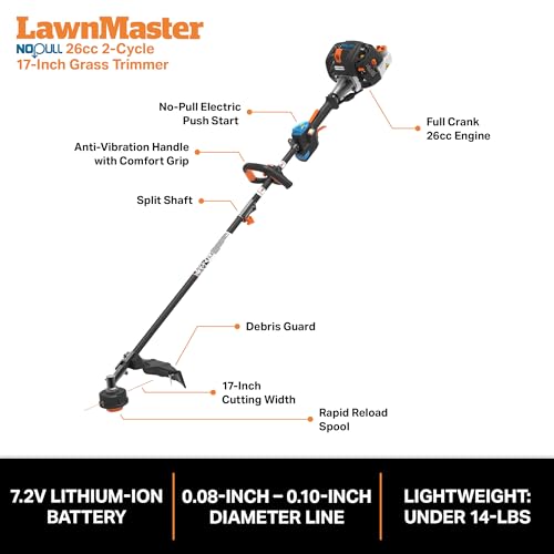 LawnMaster NPTGSP2617A No-Pull Gas Grass Trimmer with Electric Start 26cc 2 Cycle 17-Inch