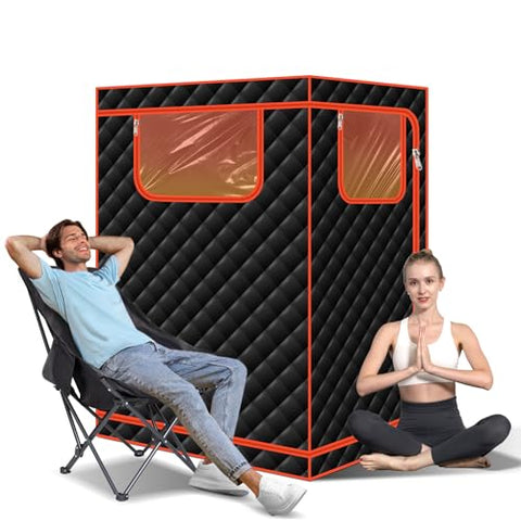 Smartmak Portable Infrared Sauna, 1-2 Person X-Large Infrared Sauna Box, Full Size Personal Home Sauna Tent, with Adjustable Folding Chair, Remote Control, LED Red Light (Black-2 Person)