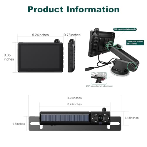 Rvsisytm 1080P Solar Wireless Backup Camera with 5in Monitor, 5000mAh Rechargeable Battery and Solar Panel, IP69K Waterproof, IR Night Vision, Support 2 Cameras, for Car, RV, Trailer, Camper (0092)