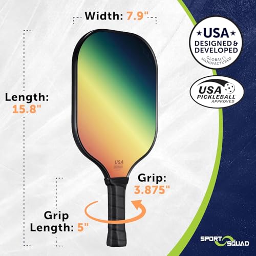 Sport Squad Lightweight Graphite Fiberglass Pickleball Paddle Designed for More Power and Consitency - Polypropylene Honeycomb Core - USAP Approved - Tacky Cushion Pickleball Grip - for Kids + Adults