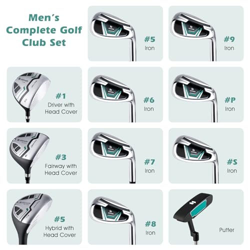 Tangkula 12 Pieces Men’s Complete Golf Club Set Right Hand, Golf Club Package Set with 460CC #1 Driver & #3 Fairway & #5 Hybrid & #5/#6/#7/#8/#9/#P/#S Irons, Putter, Rain Hood, Portable Golf Stand Bag