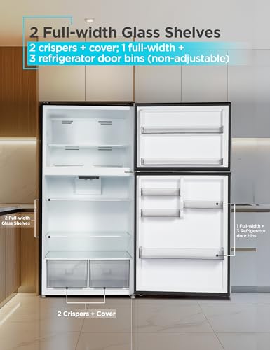 BLACK+DECKER 24 Cu. Ft. Top Mount Refrigerator with Freezer, 2 Door Refrigerator with Top Freezer and Adjustable Temperature Control, Full Size Kitchen, ENERGY STAR, BR2400JS, Stainless Look