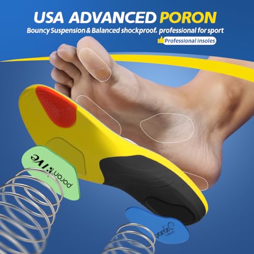 Professional Sport Insoles with Medium Arch Support and Shock Absorption for Plantar Fasciitis and Flat Feet Pain Relief in Men and Women, Orthotics Shoe Insert, Breathable & Anti-Slip, Blue, M