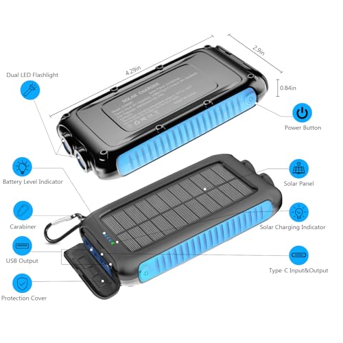 Kepswin Solar-Charger-Power-Bank-49800mAh Portable Solar Phone Charger with LED Flashlight/15W Fast Charge USB C Waterproof External Backup Battery Pack for All Cell Phones & Electronic Devices
