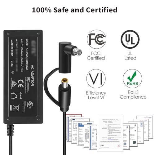 24V 180W Charger Power Supply Adapter with DC7909 + DC8020 for Jackery/BLUETTI/Anker/GRECELL/Goal Zero Yeti Portable Power Station Solar Generator 167Wh 240Wh 293Wh 518Wh Lithium Battery Power Cord