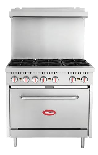 Kratos 36" Commercial Gas Range & Oven, 6 Burners and Full Size Oven, Natural Gas, 210,000 BTU Output, Freestanding Range for Restaurants (29Y-044-NAT)