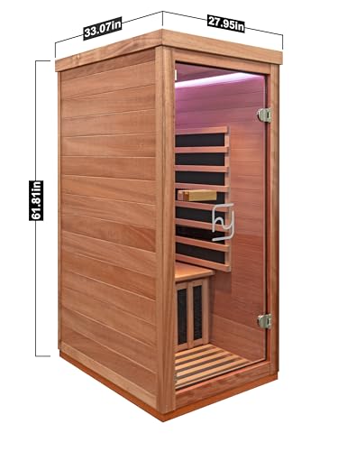 Haoyao Indoor Infrared Hemlock & Okoume 1100W 1-Person MINI Sauna with LED Lights, Bluetooth Speakers – A Gift for Parents or Friends