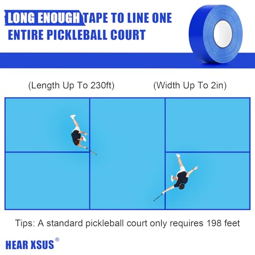 Hear XSUS 2” x 230FT Outdoor Pickleball Court Tape - Indoor Durable Floor Tape and Tape Cutter for Creating and Marking Court Boundaries, Ideal for Pickleball Enthusiasts. (Style)