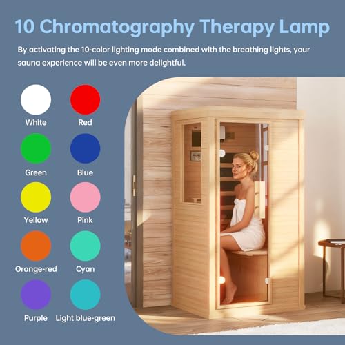 SunSwell Wood Infrared Sauna, 1 Person Traditional Red Light Sauna, Canadian Hemlock Indoor Dry Sauna Spa Room for Low EMF with Bluetooth Speakers and Control Panel, 32.67"x 27.55"x 59.44"