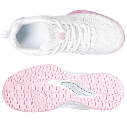 Sisttke Women's Badminton Pickleball Shoes Lightweight Breathable Non-Slip Court Sneakers for Tennis Racquetball Training White/Pink