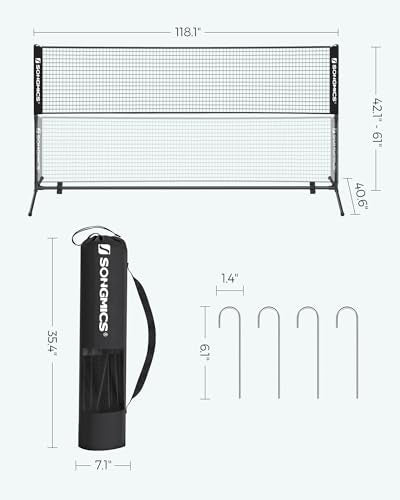 SONGMICS 10 ft Badminton Net, Height Adjustable Volleyball Net, Pickleball Net with Poles, Foldable Nylon Net for Tennis Indoor Outdoor Court, Black USYQ300HV1
