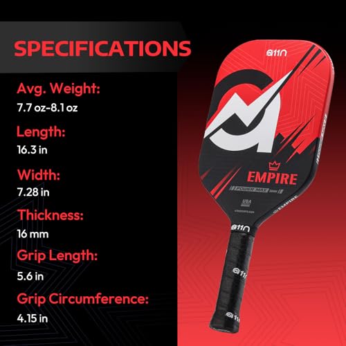 A11N Empire Edgeless Pickleball Paddle – Carbon Fiber Paddle with Longer Handle Design for Double-Handed Backhand & SuperGrit Surface Texture Technology, PowerMax – Elongated Shape, Red