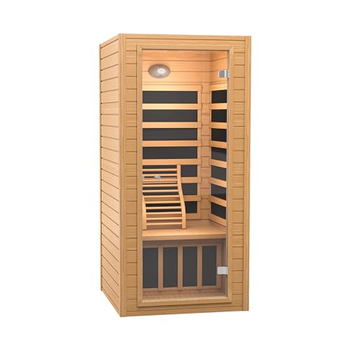 Real Relax 1 Person Infrared Sauna, Indoor Near Zero EMF Canadian Hemlock Wood Sauna with 1400W, 9 Chromo Therapy Lights, Oxygen Lonizer, Bluetooth, LCD Control Pannel for Home Spa Days
