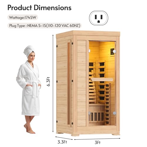 Rotihom Infrared Sauna at Home 1-2 Person with 7 Color Full Spectrum, Low EMF 1745W Fast Heating Canadian Hemlock Wood Sauna, Indoor Dry Sauna with Music Speakers for Home, Gym (3Lx3.3Wx6.3H Ft)