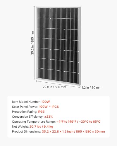 VEVOR 100W Monocrystalline Solar Panel, 23% High-Efficiency Mono PV Module with Stable MC4 Output & Aluminum Frame, IP65 Waterproof Solar Panel for Car Boat RV Flat Rooftop Off-Grid Applications