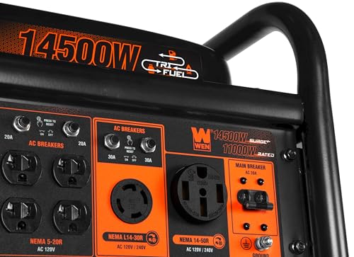 WEN 14500-Watt 120V/240V Tri-Fuel Generator, Transfer-Switch Ready with Electric Start and Wheel Kit (TF1450)
