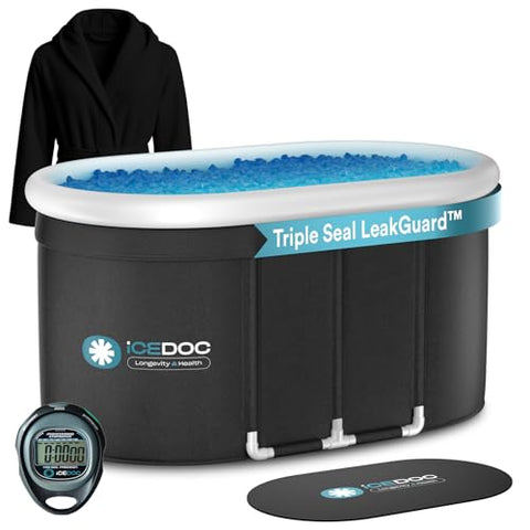 IceDoc Recovery Long Pod XXL, Cold Plunge Ice Bath Tub for Athletes and Adults, Inflatable Cold Therapy Ice Barrel with Protective Lid Cover, Hooded Bathrobe, Stopwatch, Anti-Slip Mat