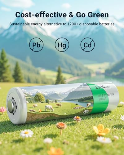EBL Solar AA Battery Rechargeable Batteries for Outdoor Solar Lights, 1300mAh NIMH Pre-Charged 1.2V Recharge up to 1200x Times for Garden Landscaping String Lights, Pack of 12