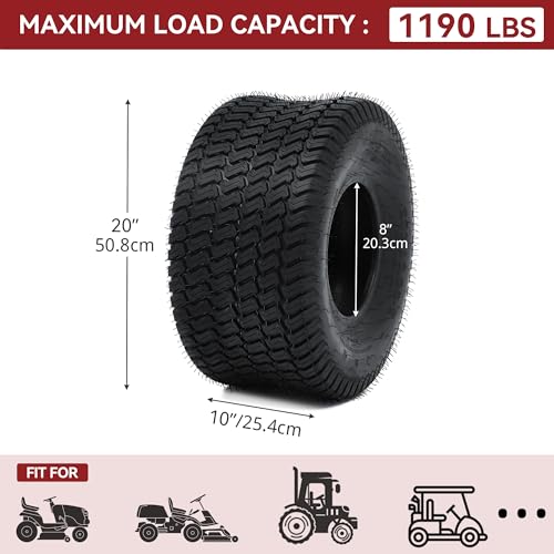 YITAMOTOR 20x10.00-8 Lawn Mower Tires (Set of 2), 4 Ply Tubeless Tractor Turf Tire, 20x10.00x8 Lawnmower Tires Fits Most Lawn & Garden Vehicle, 1190LBS Capacity