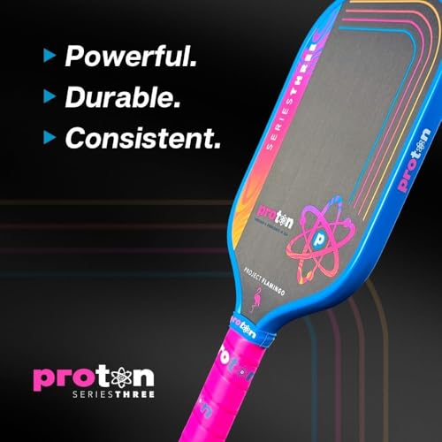 Proton Series Three Project Flamingo Pickleball Paddle - 15mm Velocity Core & Carbon Fiber Face (Blue, Widebody)