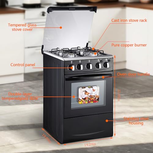 Gas Range with Double-Layer Glass Door, 4 Burners, Cast Iron Rack, 60L Capacity, Dedicated LPG