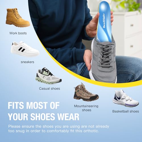 BestHalo Heavy Duty Plantar Fasciitis Insoles - 220+ lbs High Arch Support Orthotic Inserts for Pain Relief, Flat Feet, Heel Pain, Work Boots (Blue, Men 9-10.5 | Women 10-11.5)