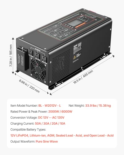 VEVOR Pure Sine Wave Inverter Charger, 2000 Watt, DC 12V to AC 120V, Battery Charger with LCD Display, Remote Control, Solar Inverter for Off-Grid Solar RV Boat Home, Compatible with Various Batteries