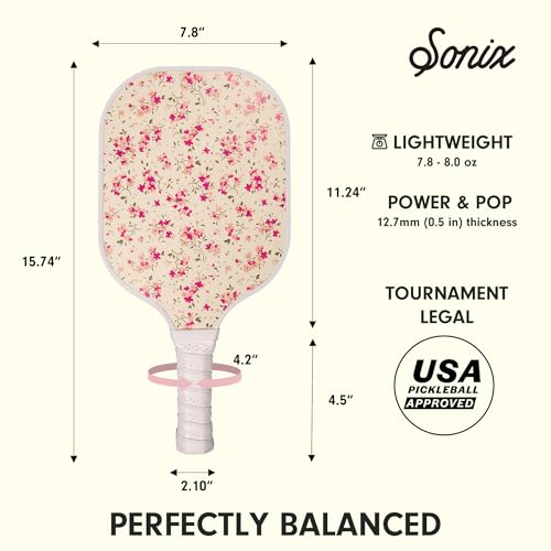 Sonix | Stylish Premium Pickleball Paddle | Fiberglass Surface, Non-Slip Cushion Grip| Single Pickle Ball Racket | Pink Floral Print | Cottage Floral Pink