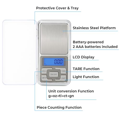 SKEAP Digital Pocket Gram Scale 500g x 0.01g, Portable Mini Scale for Small Food, Coin, Jewelry, Gold, Powder, Reloading, Grams and Ounces, Batteries Included