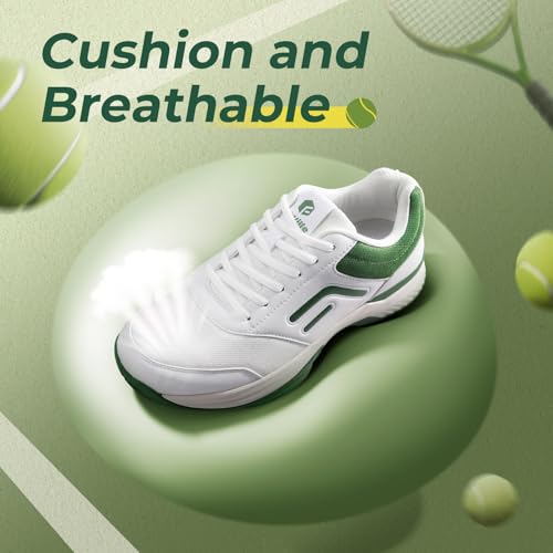 FitVille Wide Pickleball Shoes for Men, Wide Tennis Shoes for Men, Hard Court, Clay Court, Racquetball, Squash, Breathable, Comfortable, Lightweight, White Green, 9.5
