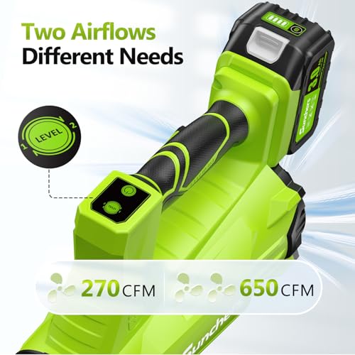 Electric Leaf Blower Cordless with 2 3.0Ah Battery and Charger, 2 Speed Mode 650CFM 280MPH Patio Tools with 2 Tubes, 20V Battery Powered Leaf Cleaner Handheld Blowers for Lawn Care, Dust, Leaves, Yard