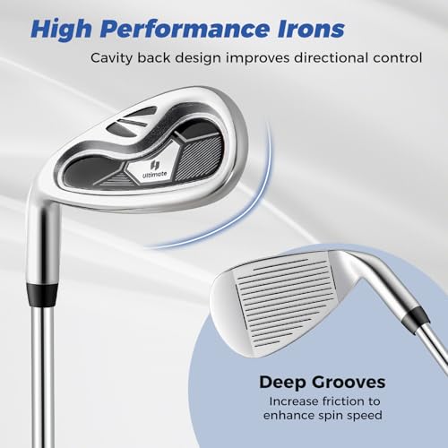 ULTIMATE Left Handed Golf Clubs for Men, 10pcs Men's Complete Golf Club Set Includes 460cc #1 Driver, #3 Fairway Wood, #4 Hybrid, #6/#7/#8/#9/#P Irons, Putter (Grey)