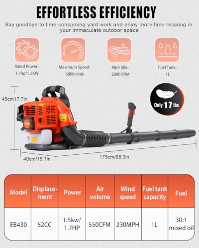 Thalorus 52cc Backpack Leaf Blower – Gas Powered 550 CFM 230 MPH High Airflow for Lawn Care, Low-Vibration Harness, Clears Leaves, Debris & Snow (T692 Pro)