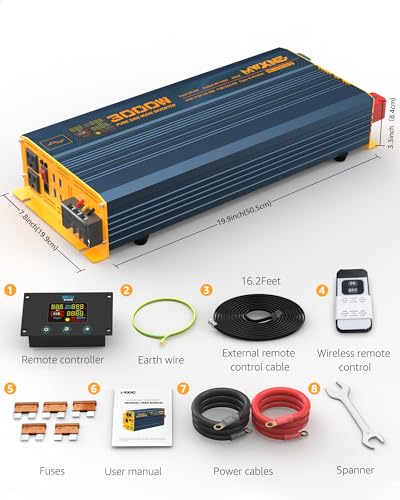 MWXNE 3000W Pure Sine Wave Power Inverter DC 12V to 110V 120V with Fast Charging Type-C& 3 USB Ports LCD Display Remote Controller Power Inverters for Vehicles,RV,Truck,Home,Off-Grid Solar System