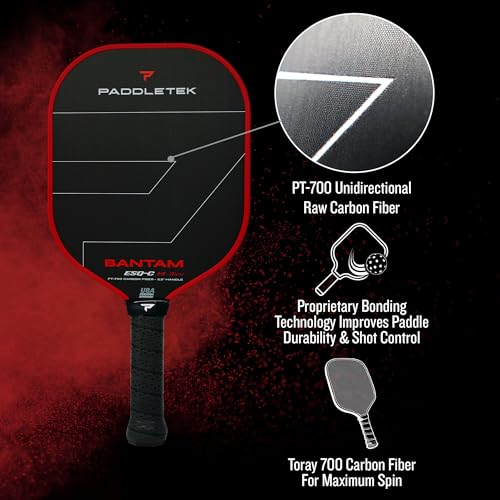 Paddletek Bantam ESQ-C 14.3mm Pickleball Paddle with Polymer Honeycomb Core - Unidirectional RAW Carbon Fiber Pickleball Paddle – Torsional Weighting & Performance Grip - USAPA Approved - 5.5" Handle