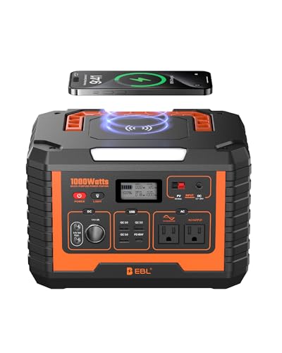 EBL Portable Power Station 1000W, 999Wh Solar Generator 2000W Peak, AC/Wireless Charging/60W USB-C Output, Lithium Battery for Emergency, Home Backup, Camping, RV, Off-Grid Living