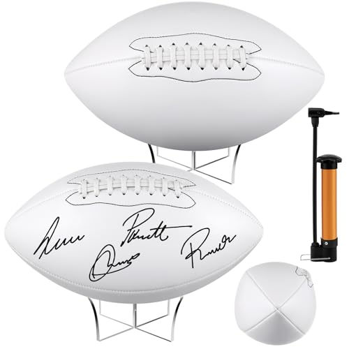 Hiboom Autograph Football with Acrylic Display Stand Air Pump Blank Gold Football for Trophy Anniversary High School College Coaching Gift Award Championship Party(1 Pc,White,Size 9)
