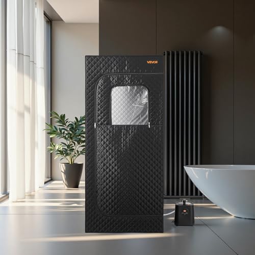 VEVOR Upgraded Portable Steam Sauna for Home, 1 Person Full Body Home Spa Tent with Steamer & 1 Foldable Chairs & Remote & Essential Oil Box,Heavy-Duty Stainless Steel Frame Sauna Box, (Black)