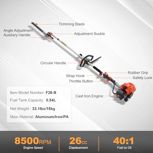 VEVOR 5-in-1 26cc 2 Cycle Gas Powered Dual Sided Hedge Trimmer, Weed Eater, String Trimmer, Edger, Pole Saw Chainsaw Pruner with EPA, CE and EMC Certification