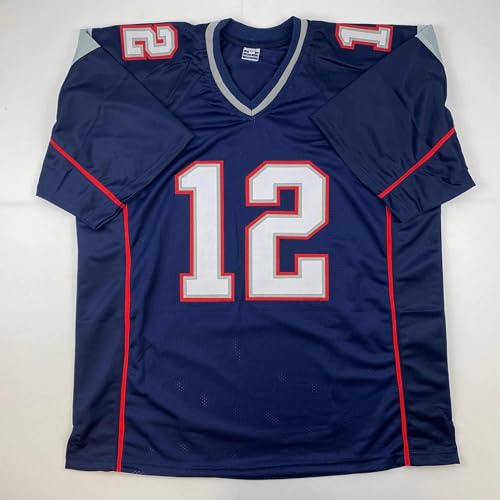 Facsimile Autographed Tom Brady New England Blue Reprint Laser Auto Football Jersey Size Men's XL