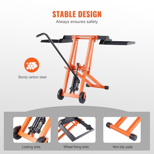 VEVOR Lawn Mower Lift with Hydraulic Jack, 500 Lbs Weight Capacity, Solid Carbon Steel Lawn Mower Lift, Adjustable Movable Lawn Lifter for Riding Tractors and Zero Turn Lawn Mowers, Orange