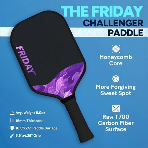 Challenger Friday Paddle, USA Pickleball Tournament Approved, T700 Carbon Fiber, Thermoformed Flat Top Design, Honeycomb Core, Tennis-Style Grip, Gritty Surface for Spin (Haze, 1)