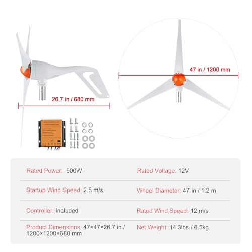 Happybuy 500W Wind Turbine Generator, 12V Wind Power Kit, 3-Blade Wind Generator with MPPT Controller, Adjustable Windward Direction, 2.5m/s Start Wind Speed, Ideal for Home, Farm, RVs, Boats